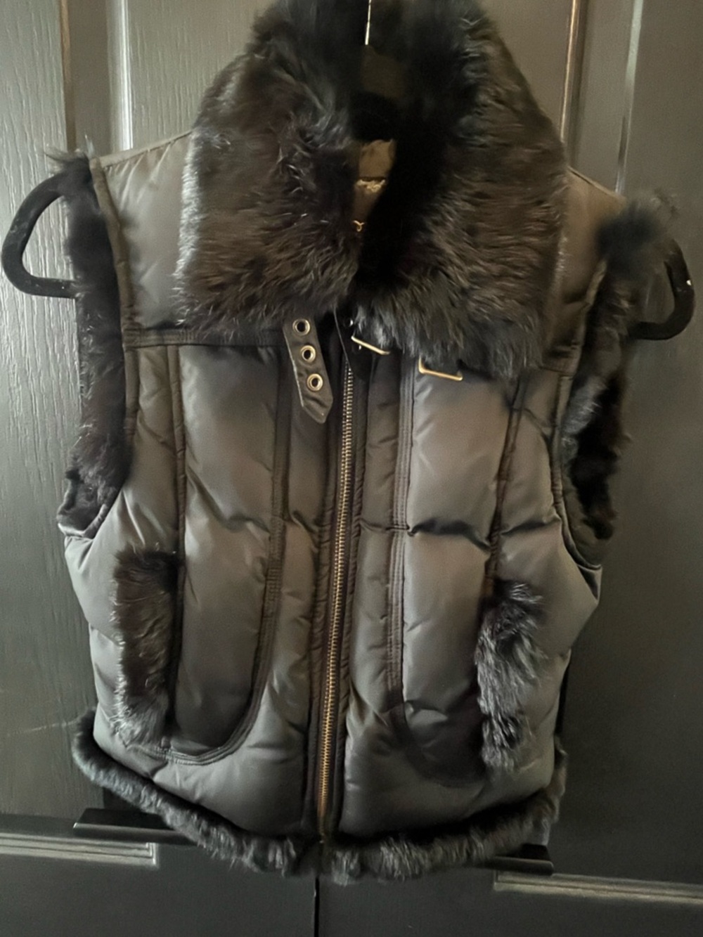‼️SALE‼️ GUESS Y2K Black Down Puffer Vest Rabbit Fur Trim Hooded size: xs - Picture 2 of 12